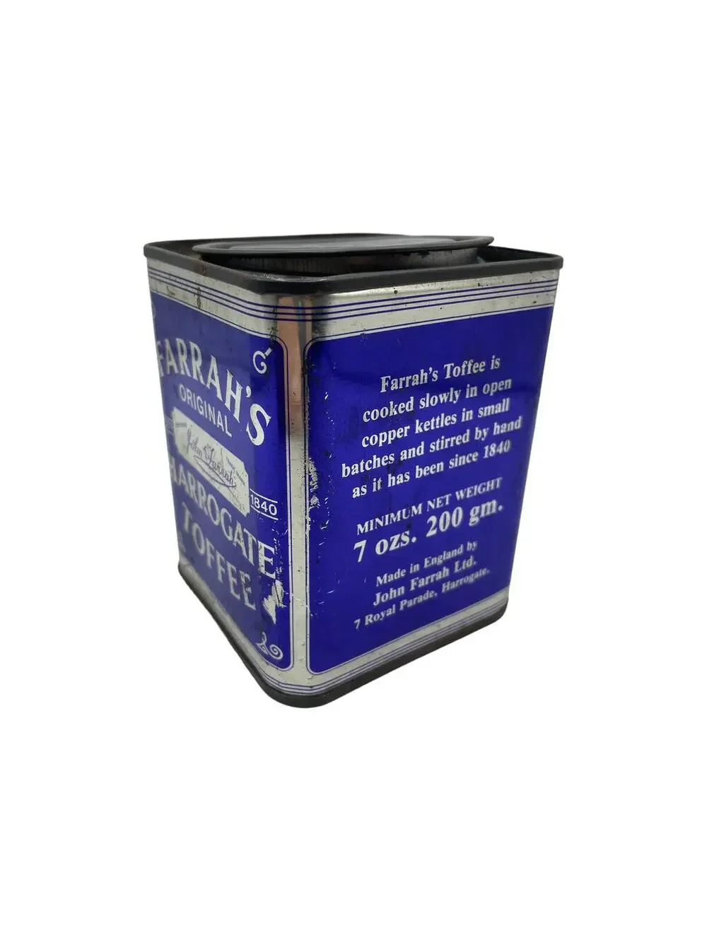 Vintage Farrah's Toffee Tin: English Blue & Silver Lidded Box